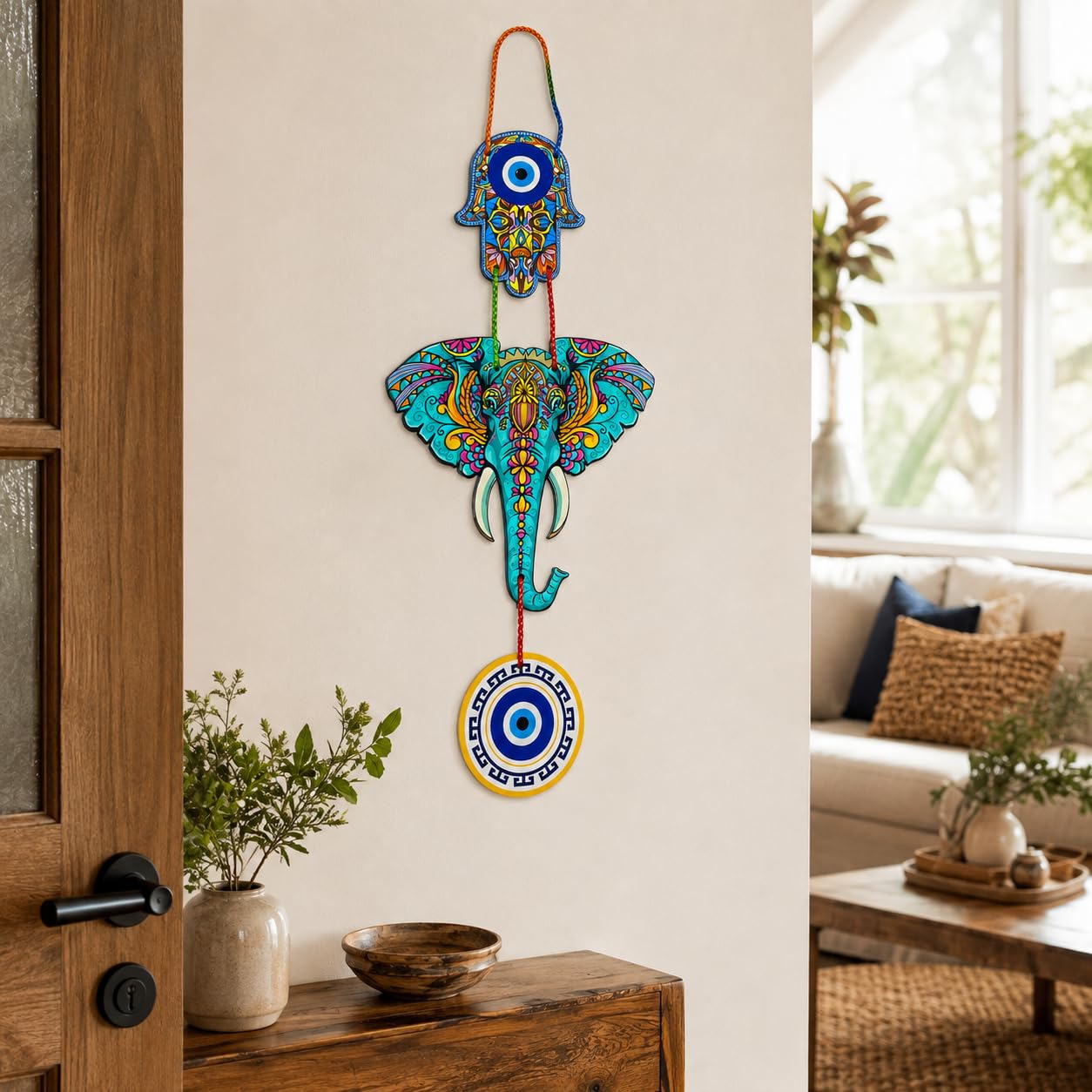 auork lucky wall hanging for home decor | mdf wooden laser cut wall art | multicolour hanging wall decor with rope for living room, office & entrance - pack of 1