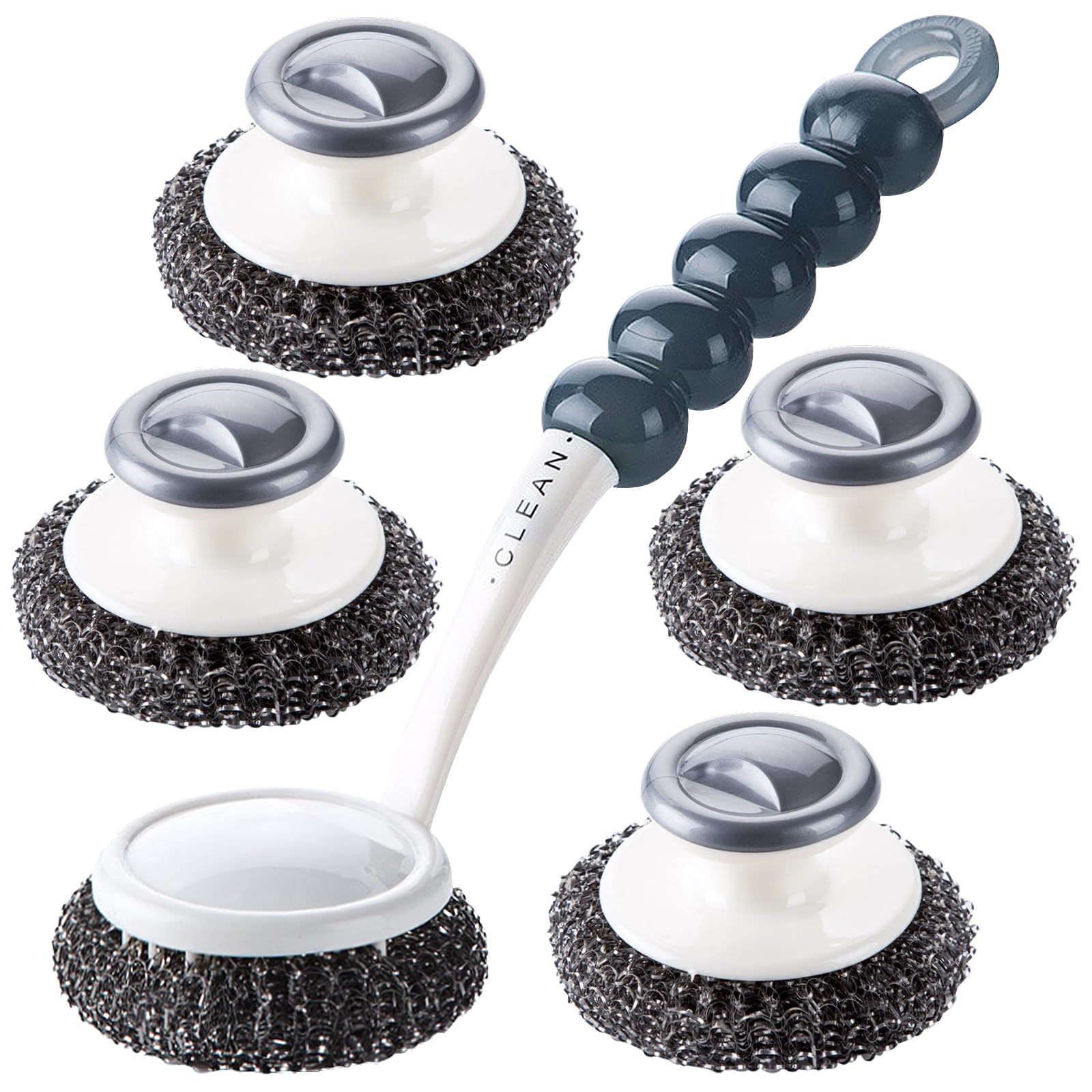 Stainless Steel Scrubber with Handle?Heavy Duty Cleaning Supplies for Pots, Pans, Grills, Ovens & Other Tough Jobs (5P)