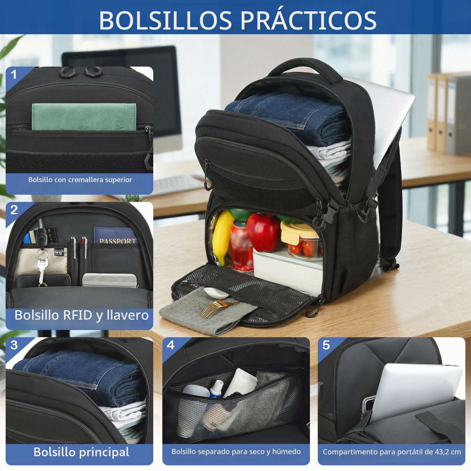 Mochila para ordenador portátil de 17 pulgadas con compartimento de refrigeración, 40 l, mochila de trabajo para hombre