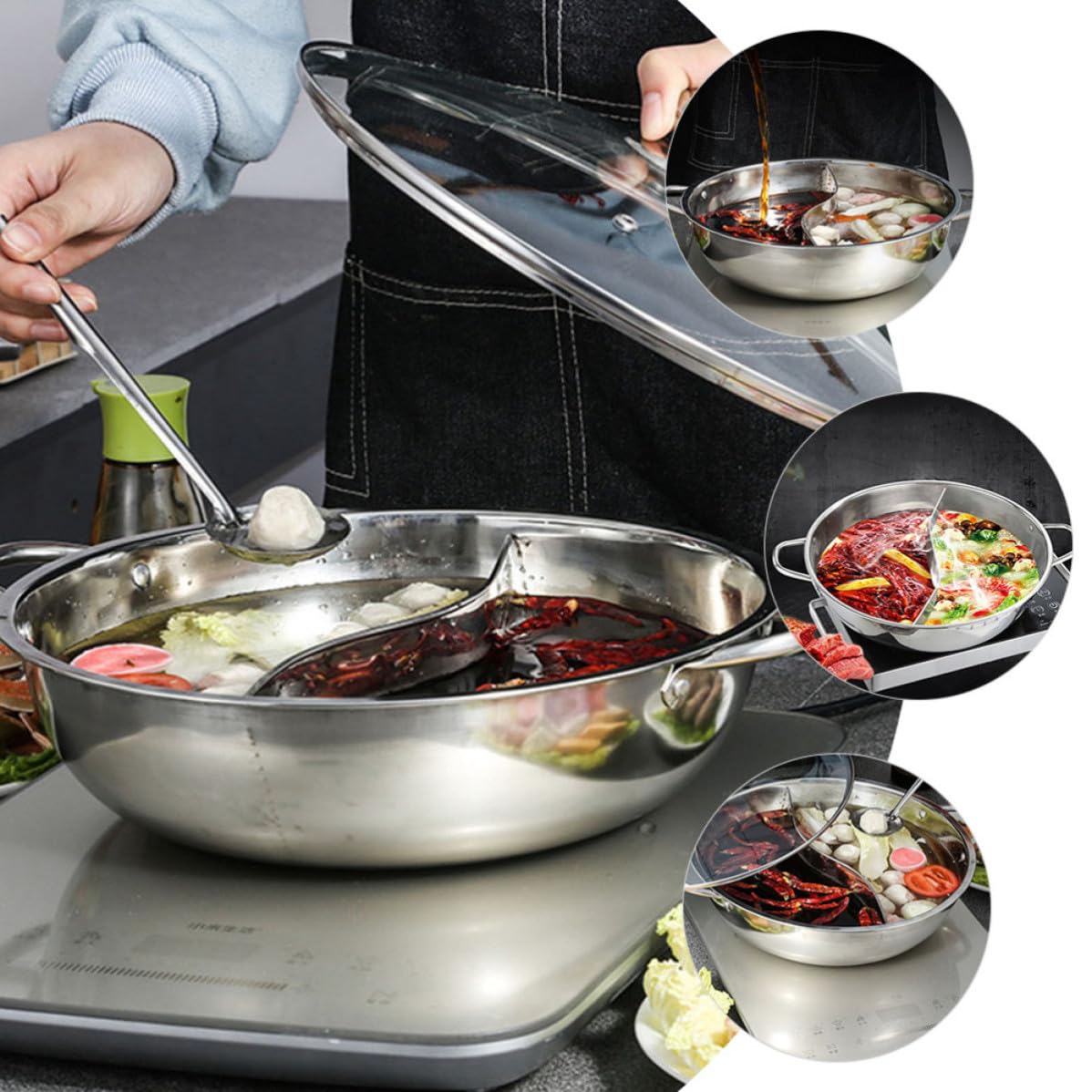 Abaodam Olla y Acabado Fino Caliente con Tapa Dividida de Acero Inoxidable Conducción Rápida de Calor para Cocina de Inducción Adecuado para Uso Hogar