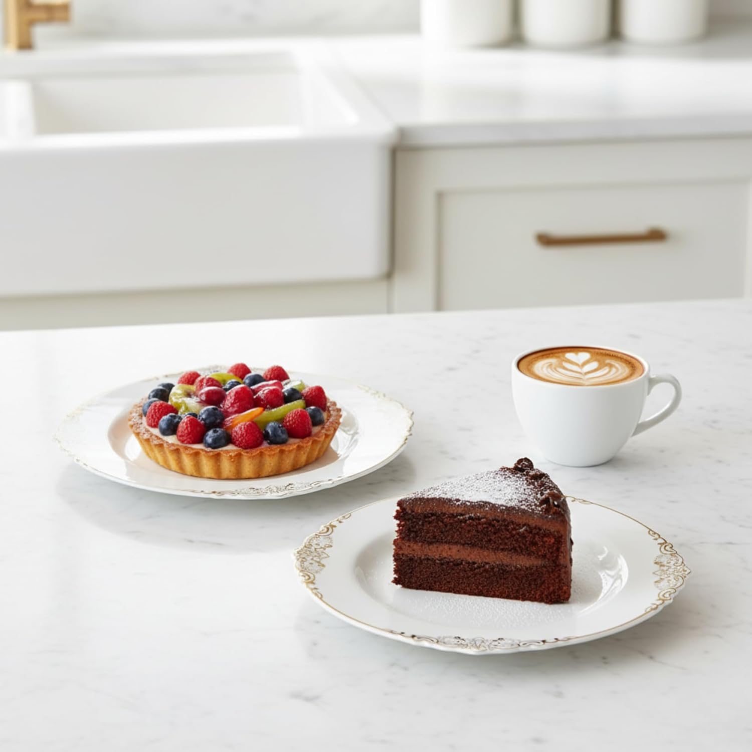 Playlearn Luxia 20Pcs Elegant Plastic Plates Lace White & Gold 10 Dinner and 10 Dessert Plates Set Durable, Reusable Plastic Plate Modern Design Tableware for Party & Event