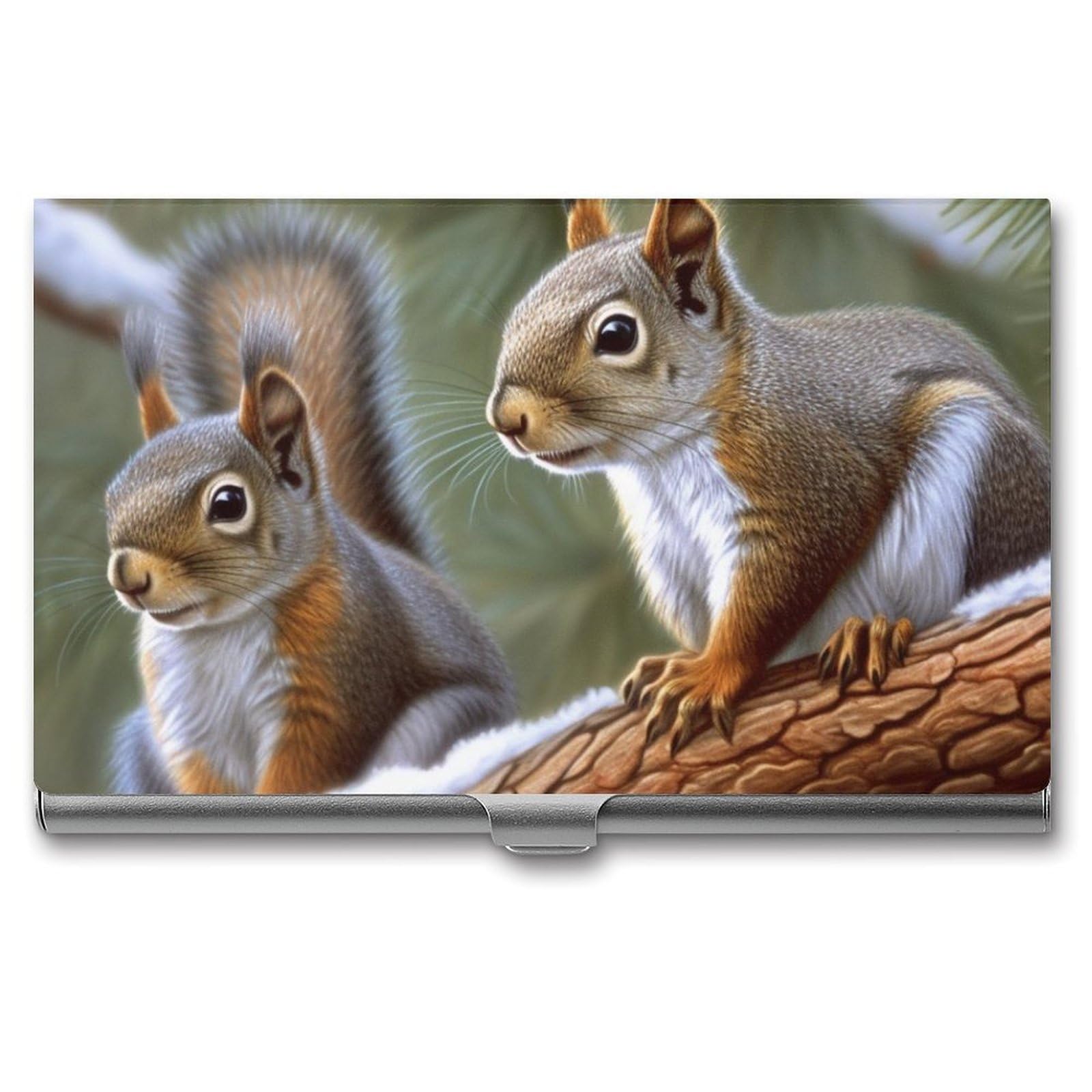 BTCOWZRV Little Squirrel Business Card Holder Metal Slim Business Card Case, Pocket Card Holder for Men Women Purse Name Card Holder Stainless Steel Wallet Credit ID Case for Office