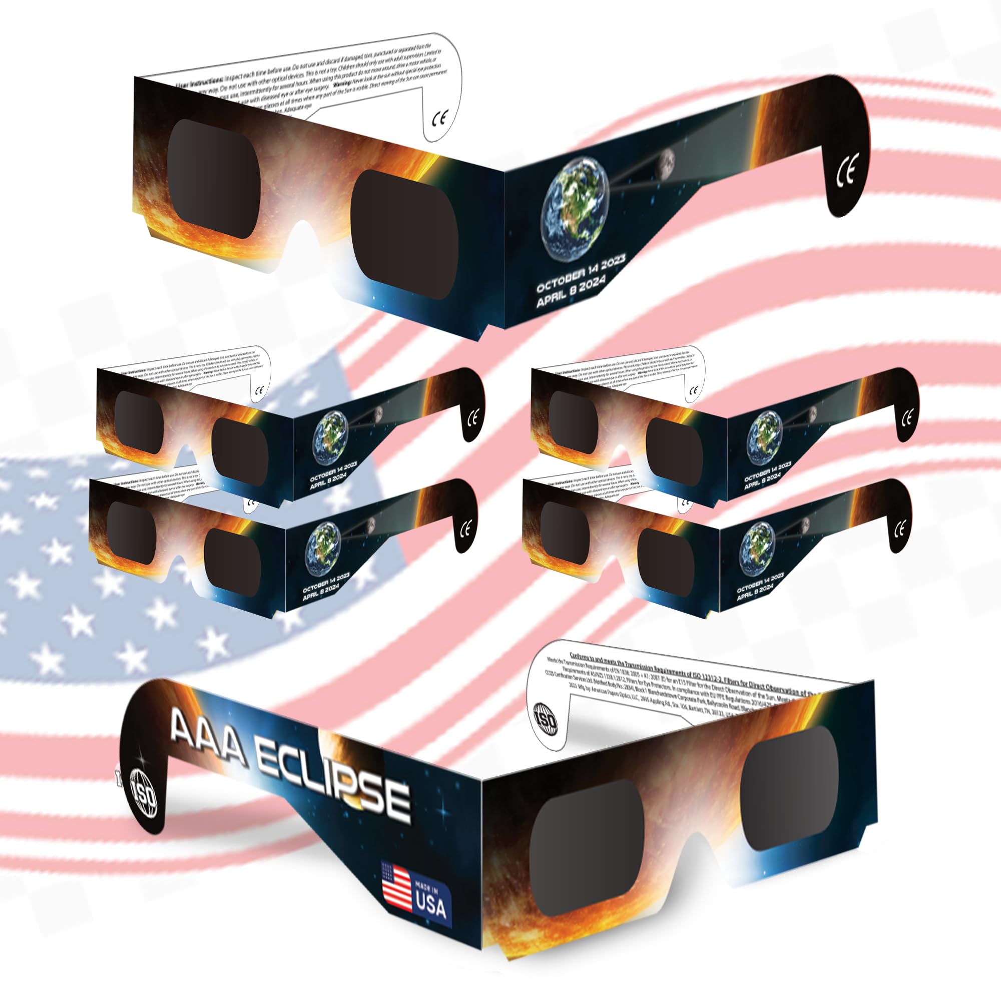 [6 PACK Solar Eclipse Glasses AAS Approved 2024 - Made in USA - ISO Certified 12312-2 & CE Certfied Direct Solar Eclipse Viewing Glasses