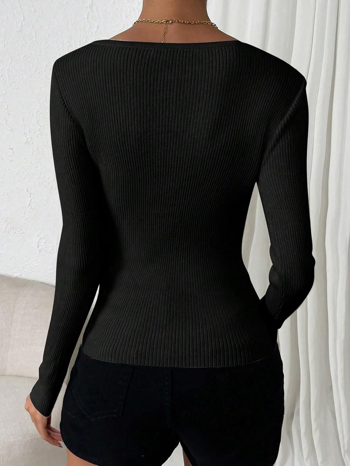 Women's Ribbed Knit Sweater Sweetheart Neck Long Sleeve Slim Fit Pullover Tops - Image 2