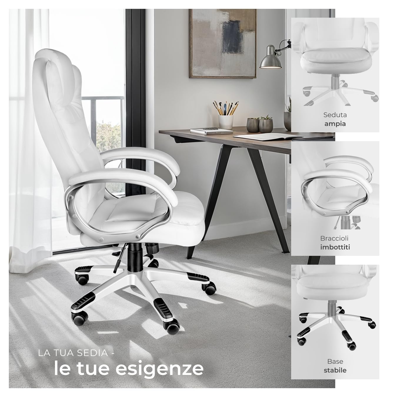 tectake® Poltrona da Ufficio Ergonomica, Sedia Ufficio con Imbottitura Extra Spessa, Poltrona con Poggia-testa Rinforzato, Regolazione Altezza con Molla a Gas, Inclinazione Personalizzabile - bianco