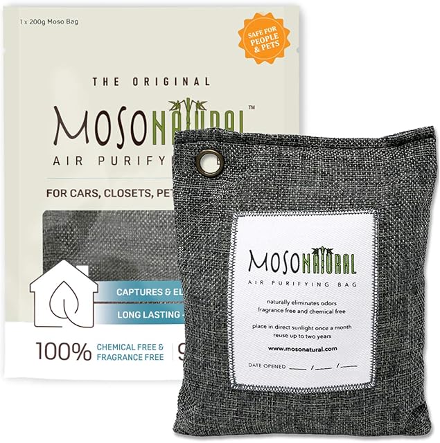 Moso Natural Air Purifying Bag 200g. A Scent Free Odour Eliminator for Cars, Closets, Bathrooms, Pet Areas. Premium Moso Bamboo Charcoal Odour Absorber. (Charcoal Grey)