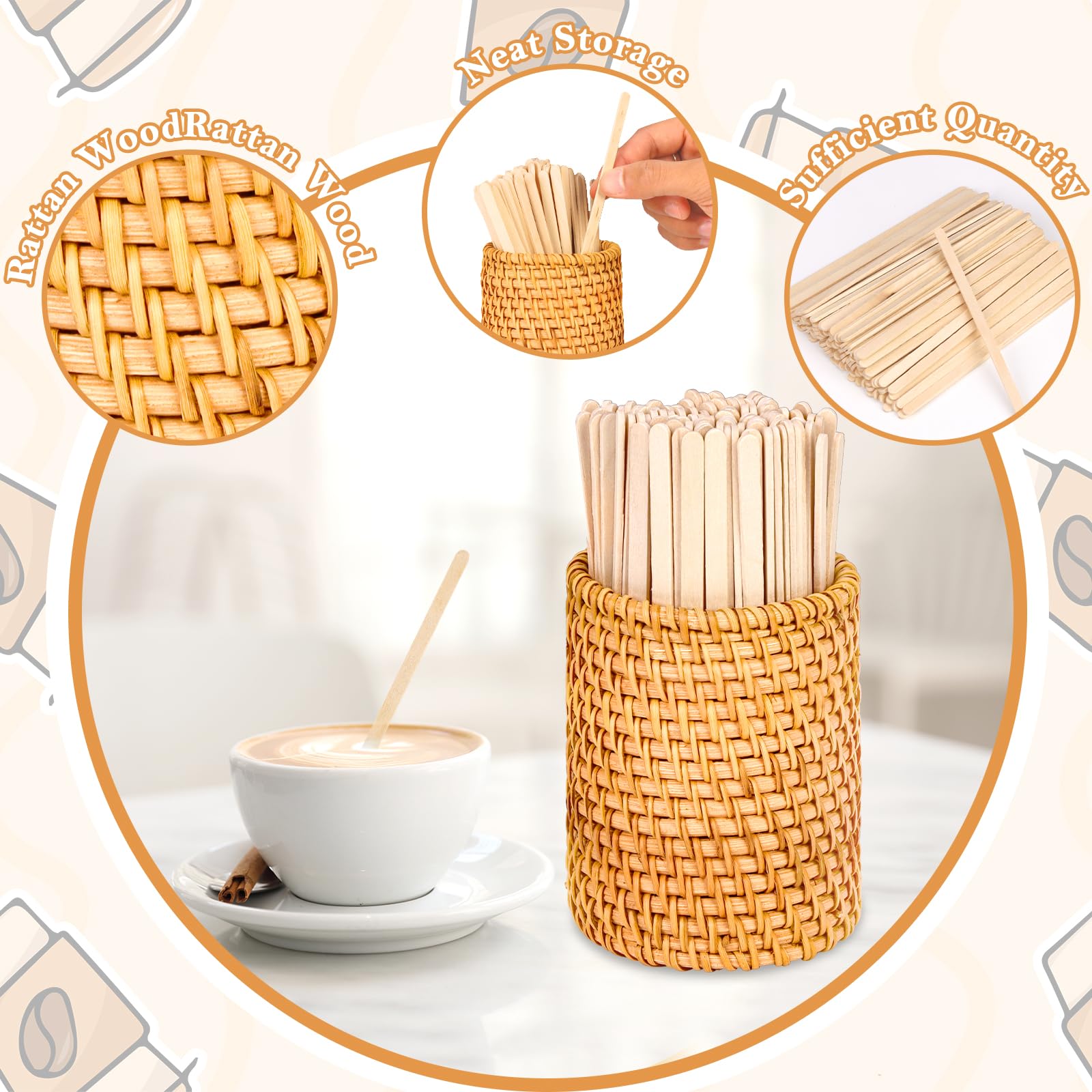 Wood Rattan Coffee Stirrers - 100 Pack -3