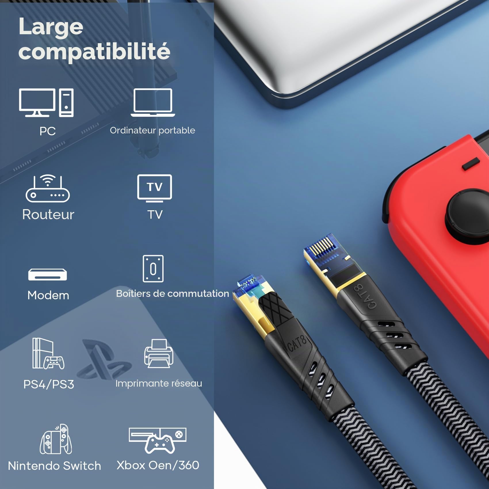 Cat 8 Câble Ethernet 5m, Cat 8 RJ45 Cable Super Débit Réseau Lan Patch 40Gbps 2000MHz Plat Nylon Tressé Câble Internet Compatible avec Routeur, Switch, Modem, TV, PS5/4, Xbox, P