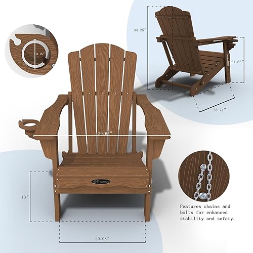 Miniatura 3 de Silla Adirondack plegable, sillas Adirondack de HDPE para todo tipo de clima, sillas de plástico para exteriores con soporte para tazas, madera