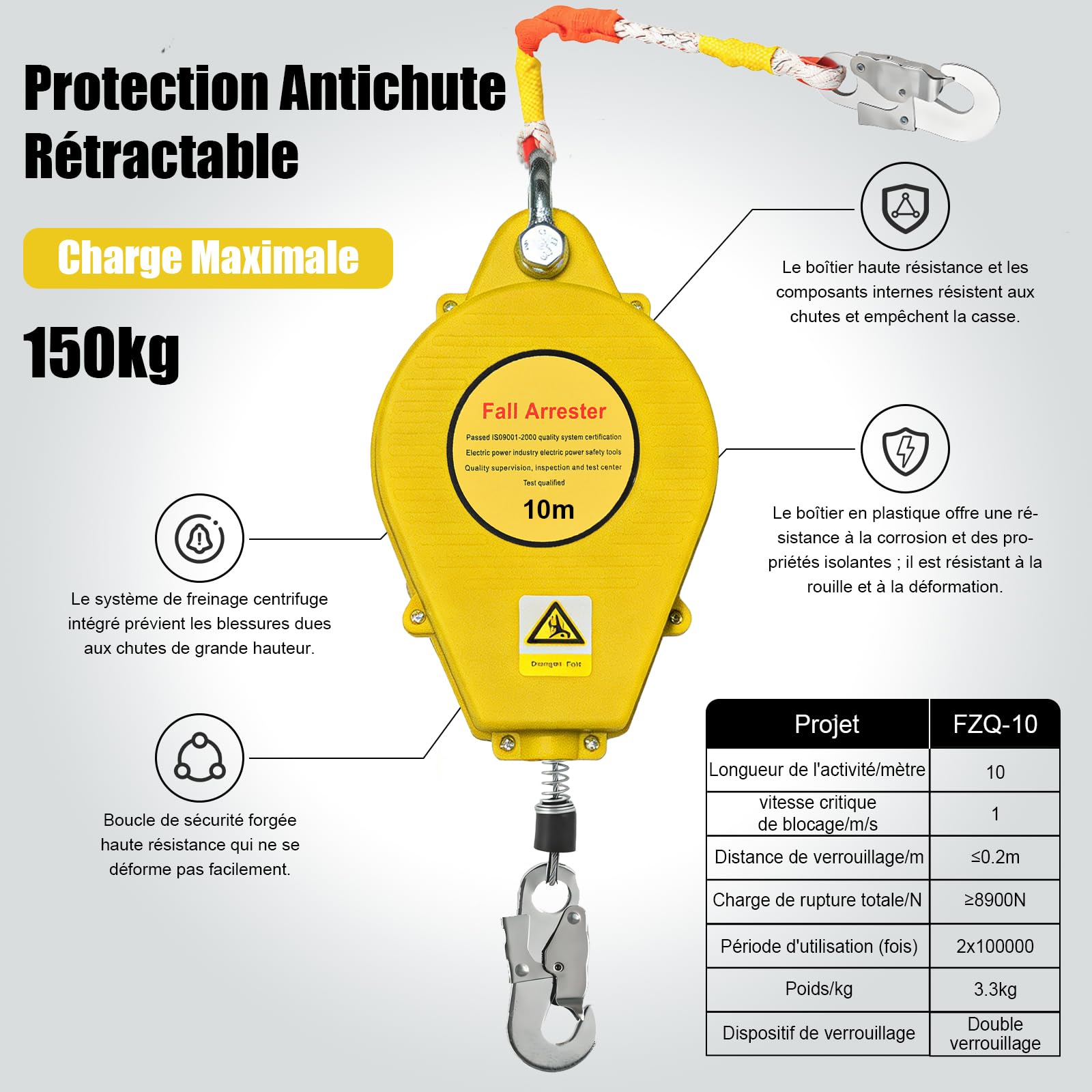 Dispositif Antichute a Rappel Automatique 3-20m, Harnais de Securite Chute Toiture, Stop Chute Toiture à Rappel Automatique Adapté aux Travaux en Hauteur et à l'Escalade(Jaune,10m)