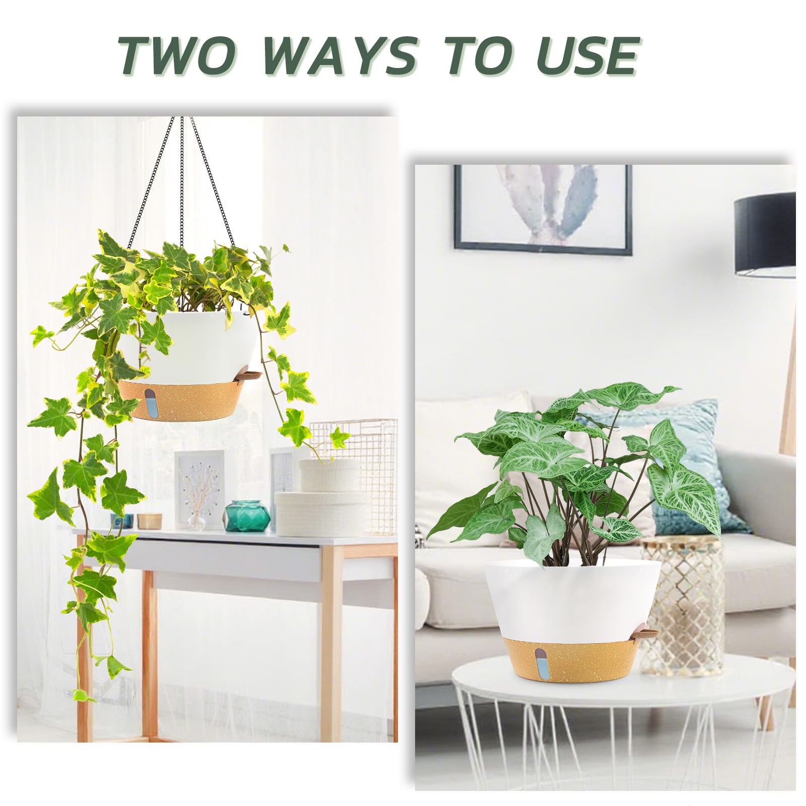 ZMTECH Lot de 3 grands pots de fleurs suspendus de 30,5 cm pour intérieur avec niveau d'eau visible et chaîne, pot de fleurs à suspendre à auto-arrosage pour extérieur, jardin, porche (30,5 cm, blanc)