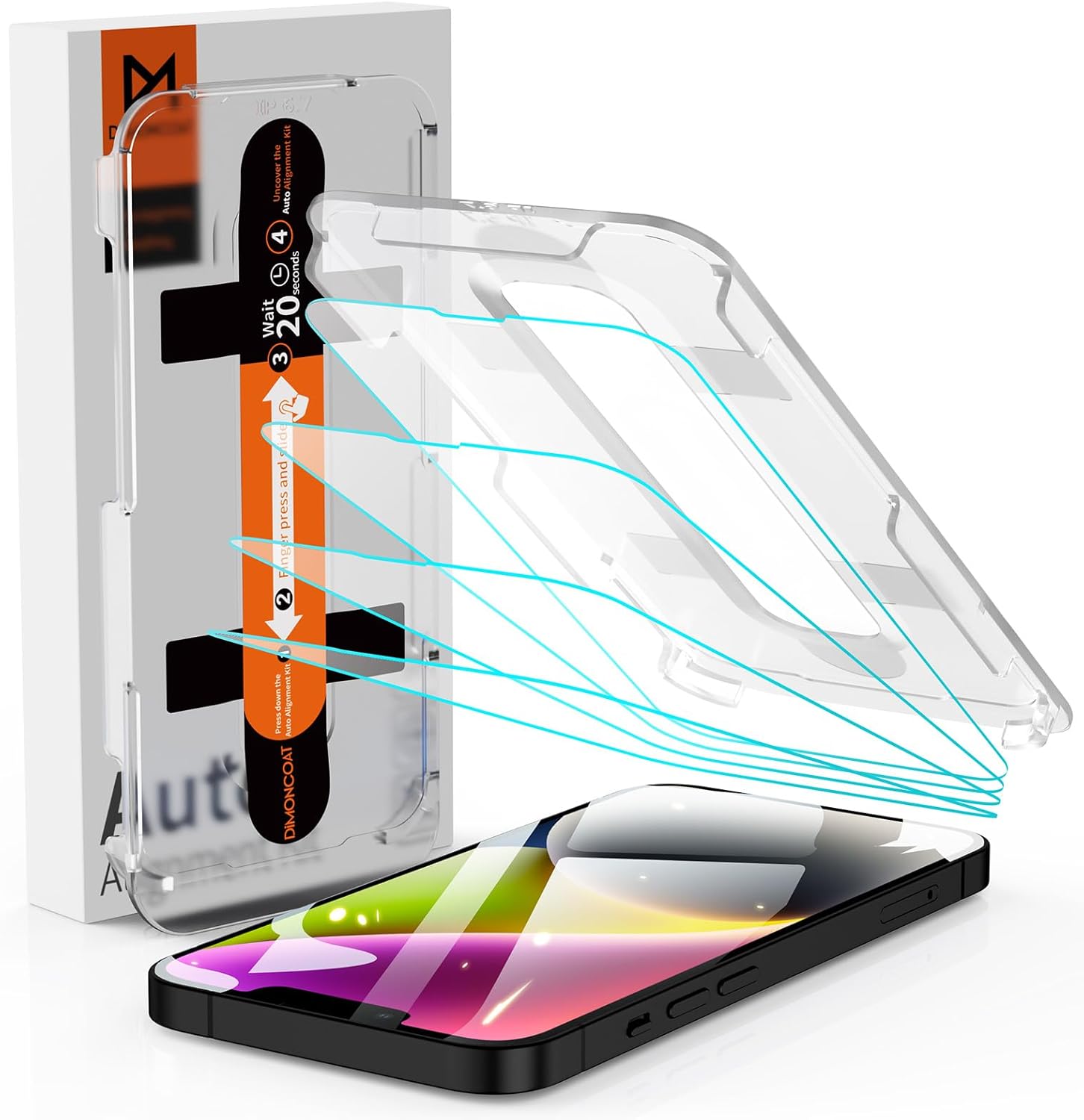 DIMONCOAT 4-PACK Screen Protector for iPhone 14 [Auto Alignment Kit] Tempered Glass 10X Military Protection Compatible 14 6.1” HD Diamonds Hard Film, Zero Bubble, Case Friendly