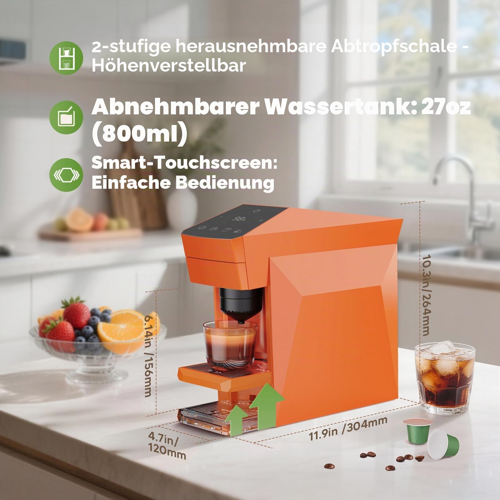 4 in 1 Disposable Coffee Machine, Espresso Machine 19 Bar für K-Cup Kapseln/Ne-spresso OriginalLine/Do-lce Gusto/Gemahlenen Kaffee, 800ml Kapazität, Vibrant Orange