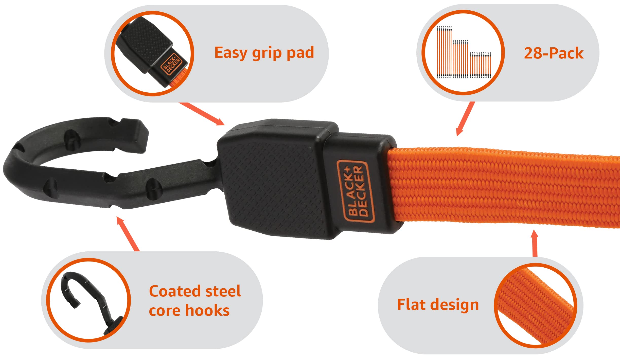 BLACK+DECKER BDX1015 Lot de 28 tendeurs à sangles plates robustes de qualité supérieure 61 cm, 91,4 cm, 121,9 cm