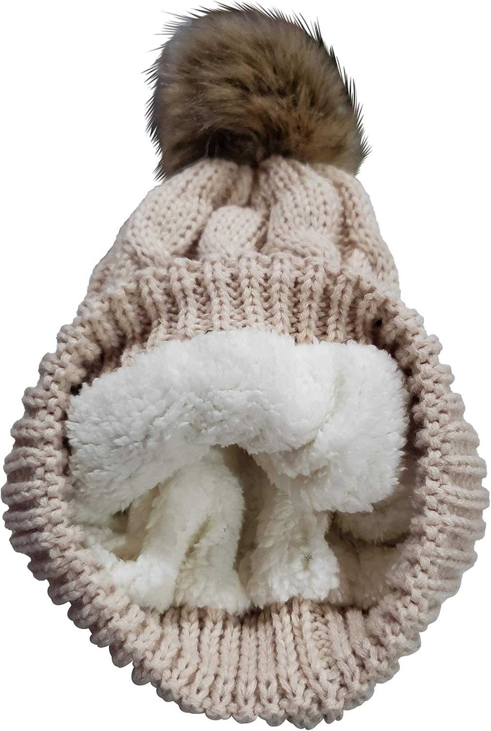 Novarena Thick Cable Knit Faux Fuzzy Fur Pom Fleece Lined Skull Cap Cuff Beanie - Image 5