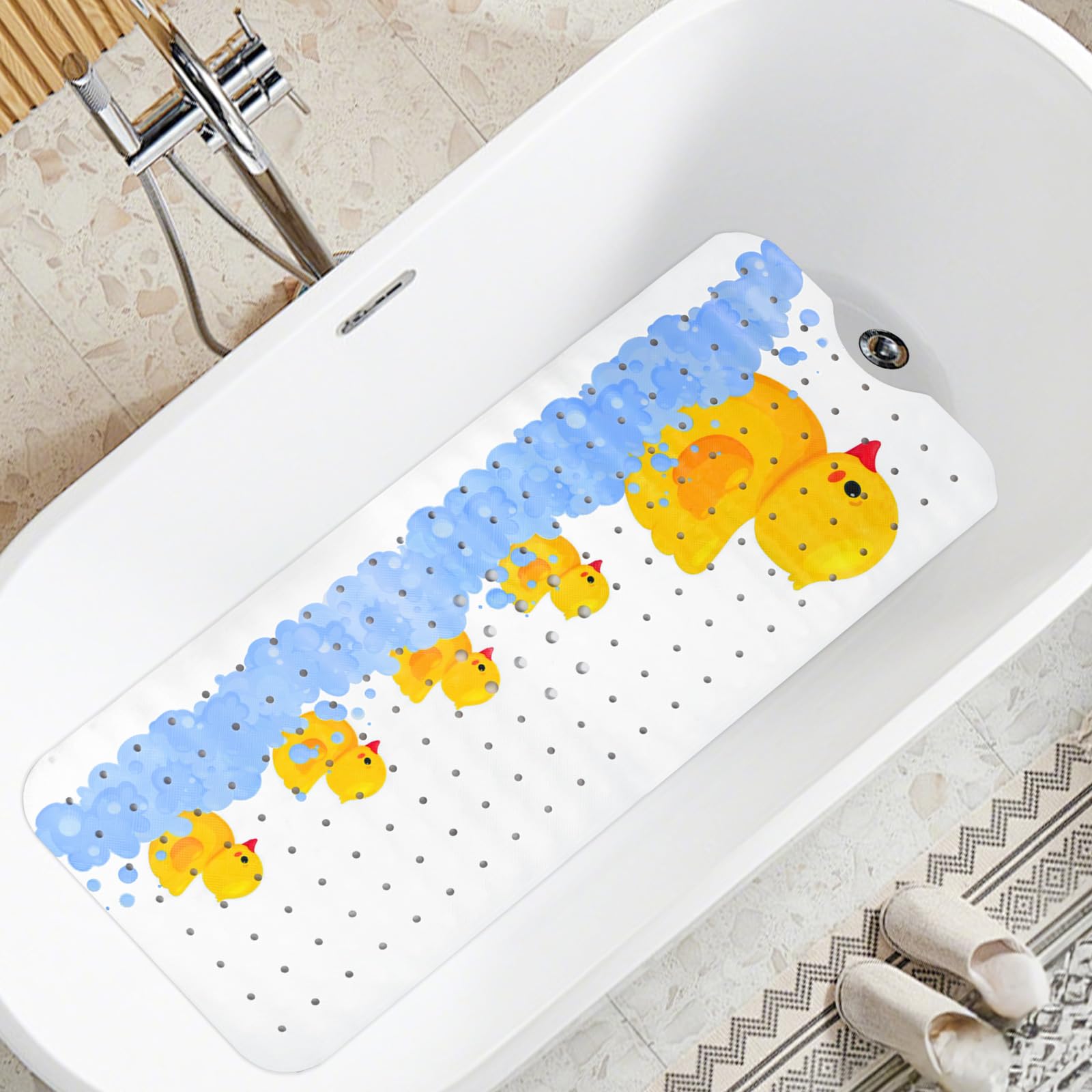 Baby Bath Mat Non Slip Anti Mould - 100x40cm Extra Long Bath Shower Tub Mat with Suction Cups and Drain Holes, Cartoon Patterned Kids Shower Mats, Machine Washable Toddler Bathtub Mat (Yellow Duck) — image 1