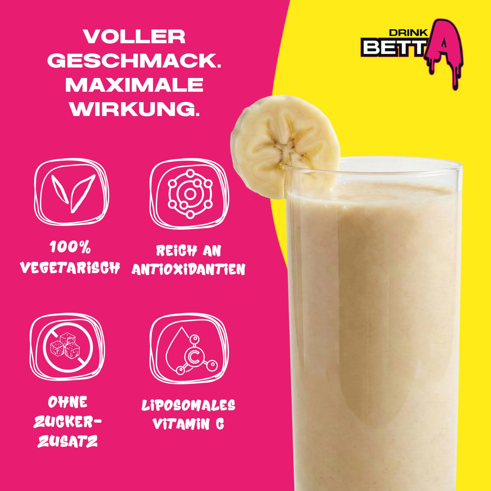 Drink Betta Milk Shake Bananarama - zuckerfreies Getränkepulver für Bananen-Milchshake - 50 Portionen - extra cremig, kalorienarm & mit liposomalem Vitamin C - 350 g