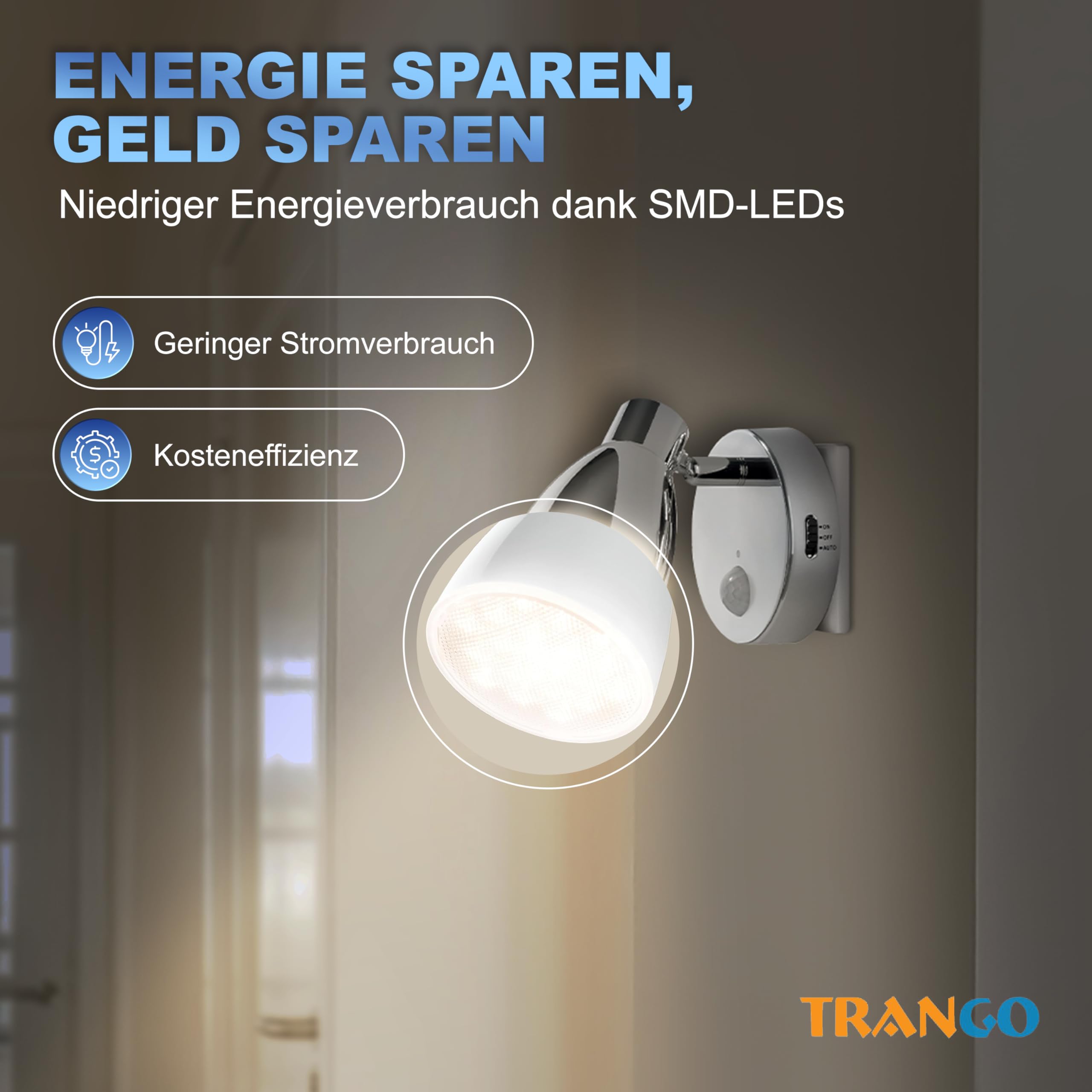 Trango 2635-018 LED Sensor Nachtlicht – Chrom – Drehbar & Schwenkbar – Automatikfunktion – Bewegungssensor – 230V Steckdosenlampe – Sicherheits- & Orientierungslicht