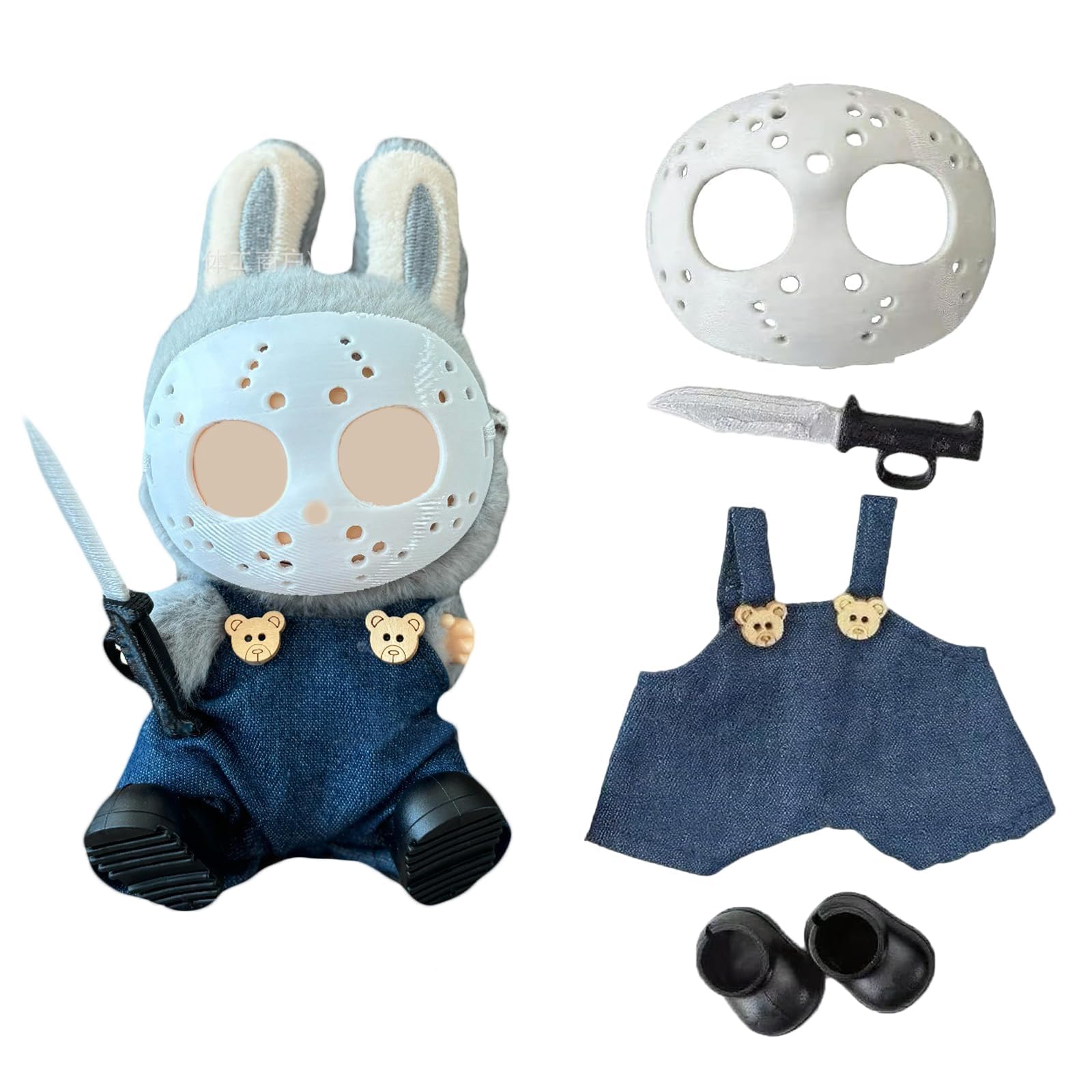 Halloween Clothes for Labubu, Halloween Scary Mask for 15-17cm Doll Accessories, Cute Halloween Costumes Set Included Mask, Outfit, Shoes, Knife