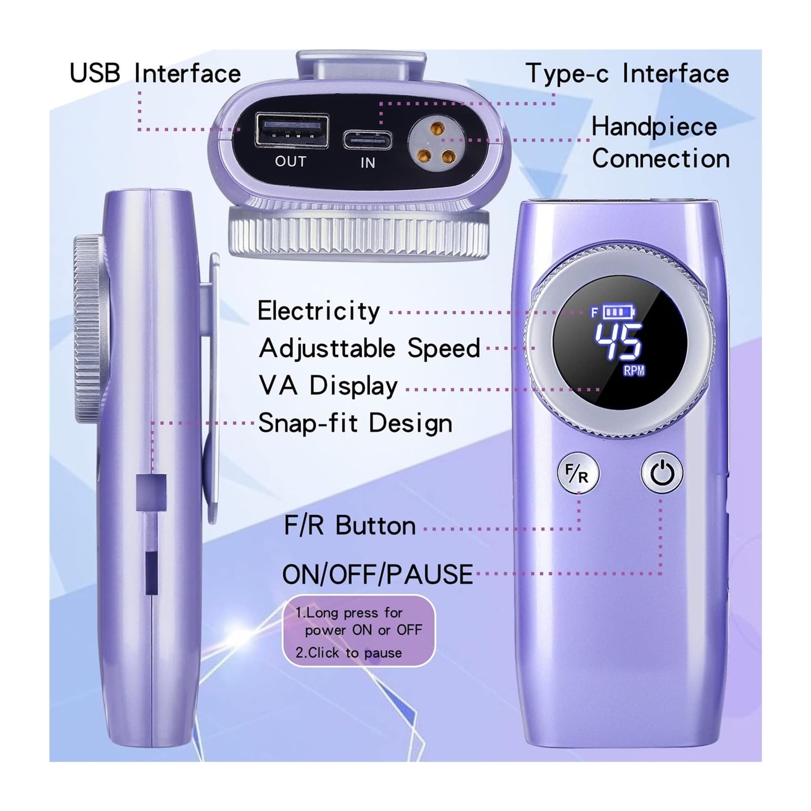 Trapano for Unghie 45000 RPM for Manicure con Display LCD Levigatrice for Unghie Tornio for Unghie Ricaricabile Trapano Elettrico a Batteria for Gel(White)