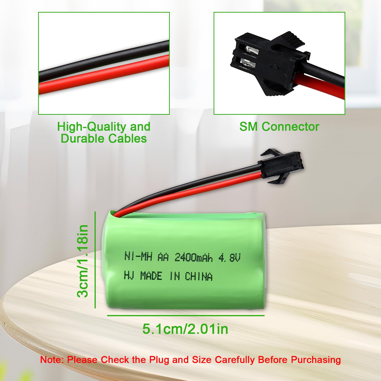 4,8 V 2400 mAh NiMH zestaw akumulatorów, wtyczka SM-2P z kablem do ładowania USB, nadaje się do zdalnie sterowanych samochodów zabawkowych, wózków, łodzi, helikopterów, samolotów, broni Airsoft