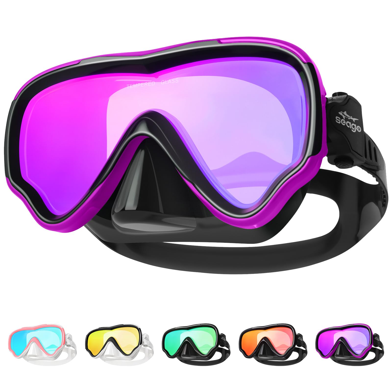 Seago Men Adult Swim Goggles Mirrored Tempered Glasses, Youth Women Swim Mask Anti Fog Anti UV 180° Panoramic View Soft Silicone Skirt, Pool Water Quick Clip Swimming Goggles No Leak with Nose Cover