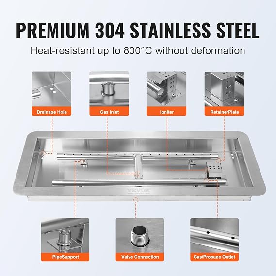 VEVOR 24 x 8 inch Drop-in Fire Pit Pan, Rectangular Stainless Steel Fire Pit Burner Kit, Propane Gas Fire Pan 120,000 BTU with H-Burner for Indoor or Outdoor Use