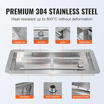 VEVOR 24 x 8 inch Drop-in Fire Pit Pan, Rectangular Stainless Steel Fire Pit Burner Kit, Propane Gas Fire Pan 120,000 BTU with H-Burner for Indoor or Outdoor Use