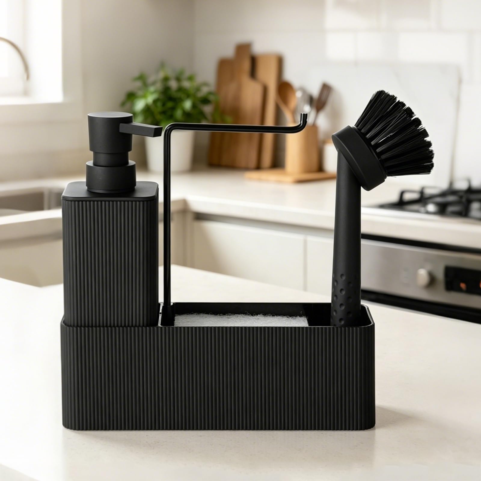 Dispenser Sapone Cucina con Porta Spugna e Spazzola, Dispenser Detersivo Piatti Nero, 4 in 1 Organizer Lavello Cucina (Nero)