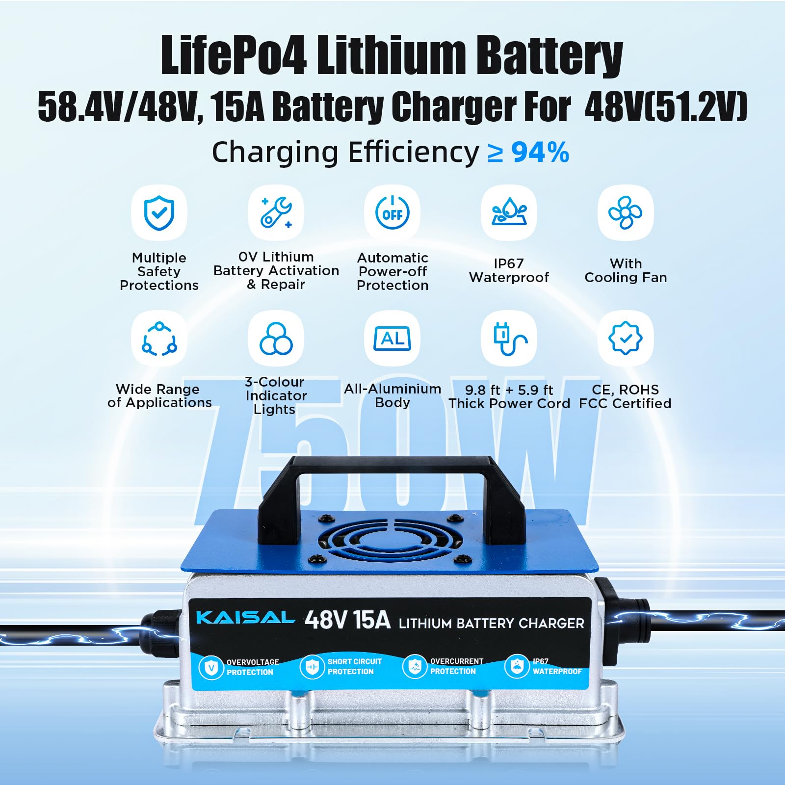 Cargador de batería de litio de 58.4 V 15 A para batería de litio LiFePO4 de 48 V, cargador de batería LiFePO4 de 48 V, 0 V, activa y reparación de batería de ciclo profundo, IP67 impermeable, para