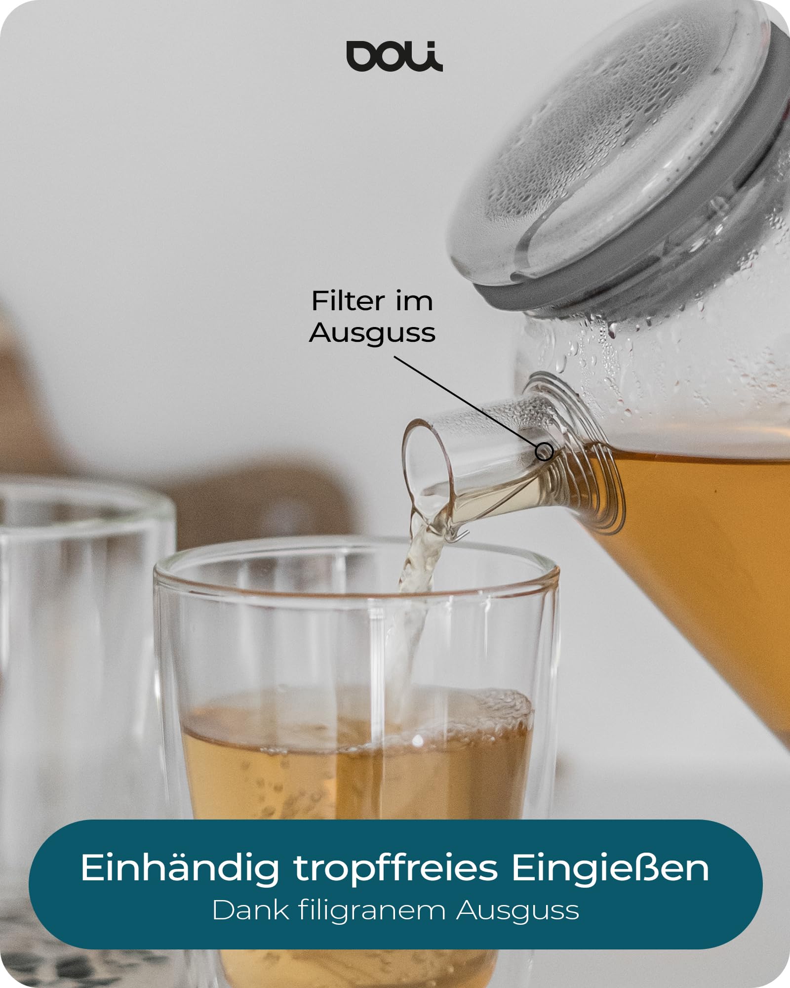 Doli 1,5L Teekanne Glas mit Siebeinsatz Grey - Langes Edelstahl Sieb für pures Aroma - für heiße & kalte Getränke - Spülmaschinenfest - BPA-frei