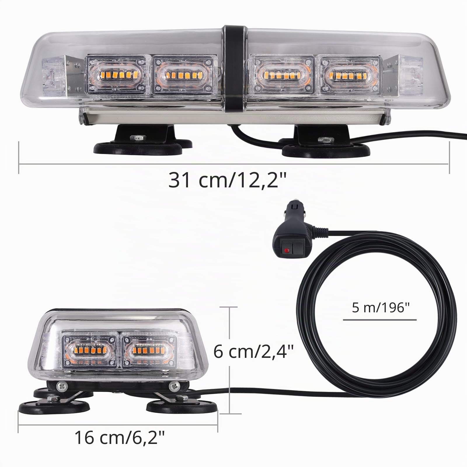 Justech Luz Estroboscópica de Luz de Advertencia 72 LED Ámbar con 4 Fuertes Bases Magnéticas y Cable Recto de 16 Pies 36W Luz de Emergencia de Peligro para 12V 24V Vehículo Remolque Camión
