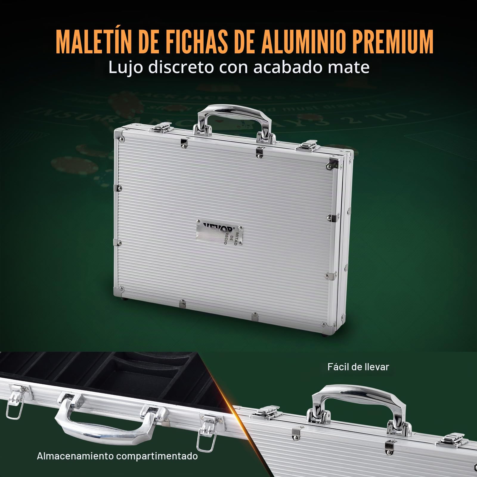 VEVOR Estuche de Póquer 500 Piezas Fichas de Póquer de Plástico y Aluminio 11,5g 40 x 3,3 mm con 2 Barajas de Cartas 1 Botón de Distribuidor y 2 Botones Ciegos