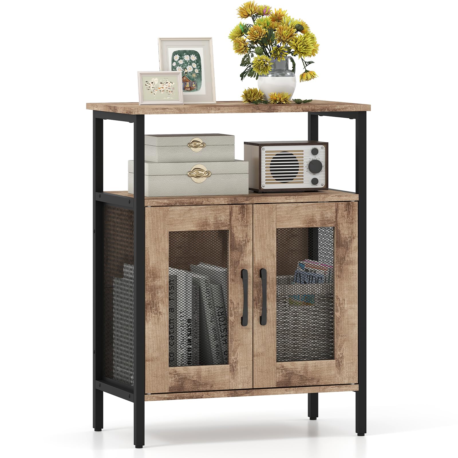 GIANTEX Meuble de Bar à Vin, Buffet Industriel, Porte-Bouteilles, Porte-Verres à vin Amovible, Meuble de Rangement, Porte en Métal Grillagé, Idéal pour Salon, Cuisine, Salle à Manger (Gris Chêne)