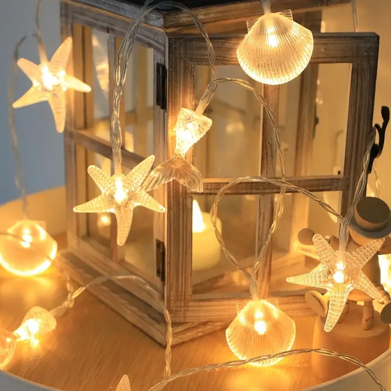 CutitiUU 1.5M 10 LED Marine Life Theme Light String Starfish Seashell Mermaid String Lights,Under The Sea Fairy Lights Battery Operated,Fairys Light for Room,Tree,Aquarium Wall Decor (Warm White)
