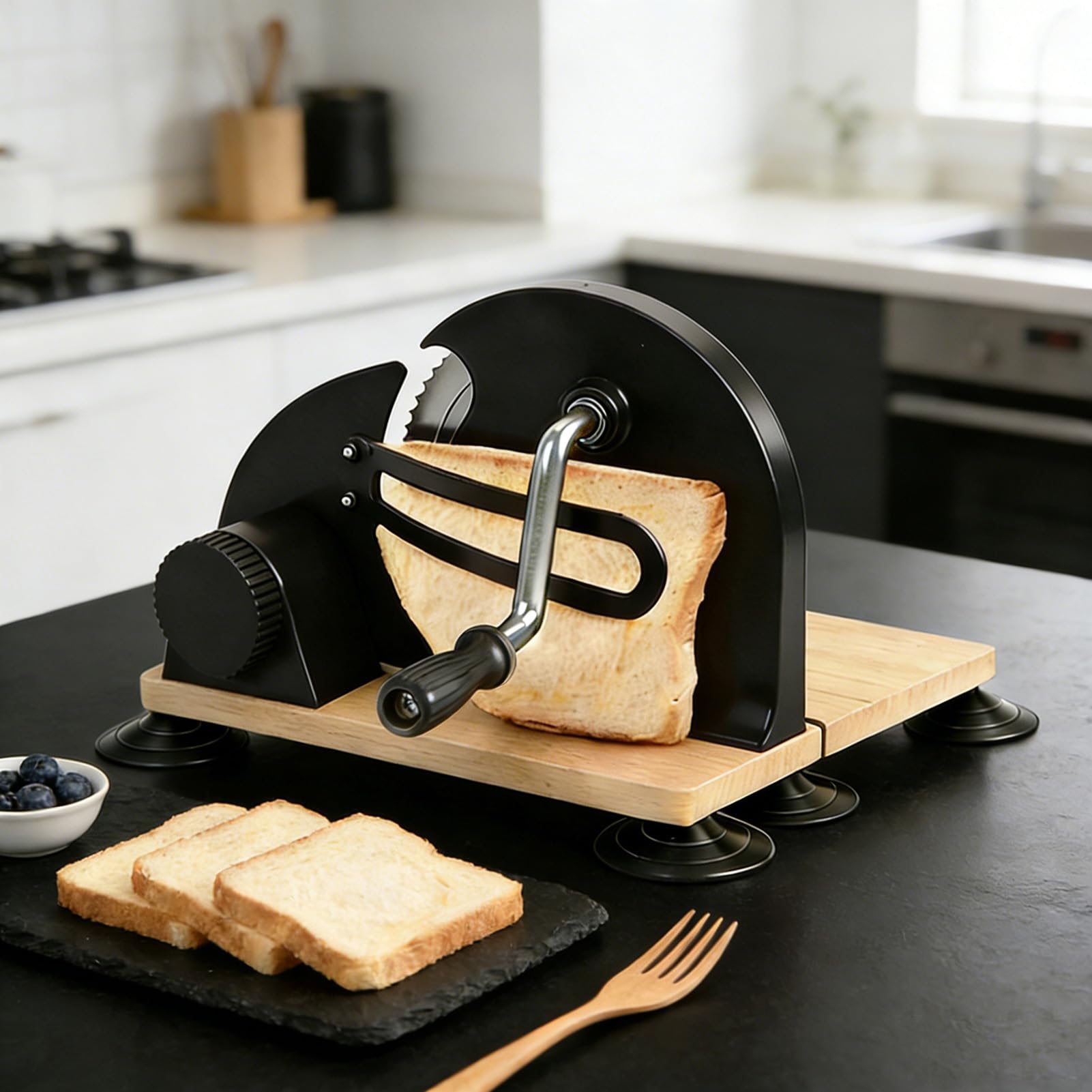 Vikye Cortadora de Pan Manual, Cortadora de Pan con Manivela para de Masa Madre Casero, Espesor Ajustable con Línea de Escala, Ventosa y Guía de Metal (BLACK)