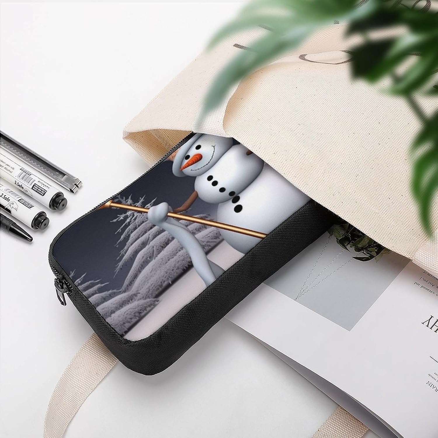 Hardworking Snowman Large Pencil Case, Pencil Pouch with Zipper image 5