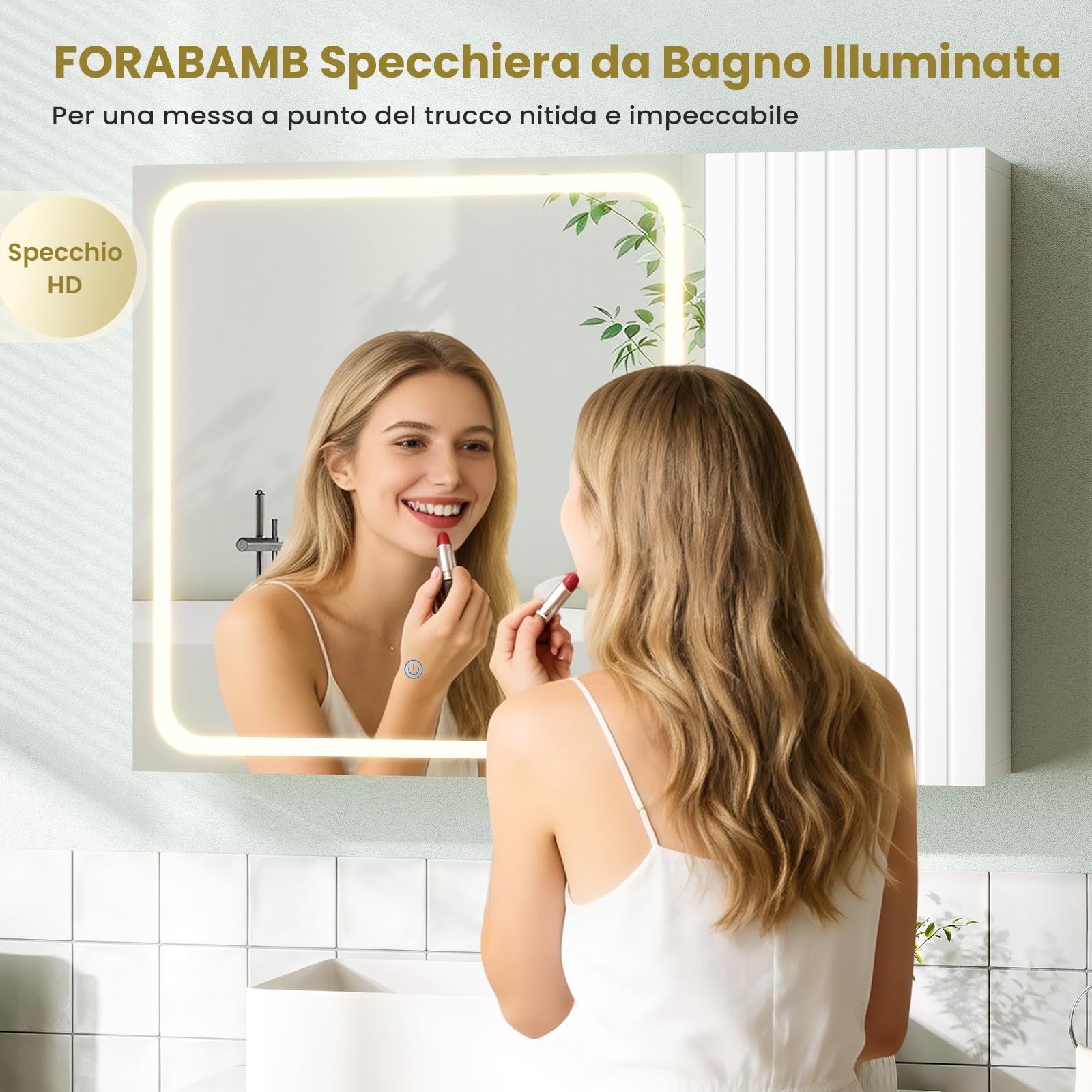 Specchio Bagno Contenitore 80x60x16cm con Luce LED, Specchiera Bagno con Scaffali Regolabili, Mobile Bagno Sospeso con Specchio ad Alta Definizione, Tre Tonalità Colore, Touch Control, Bianco