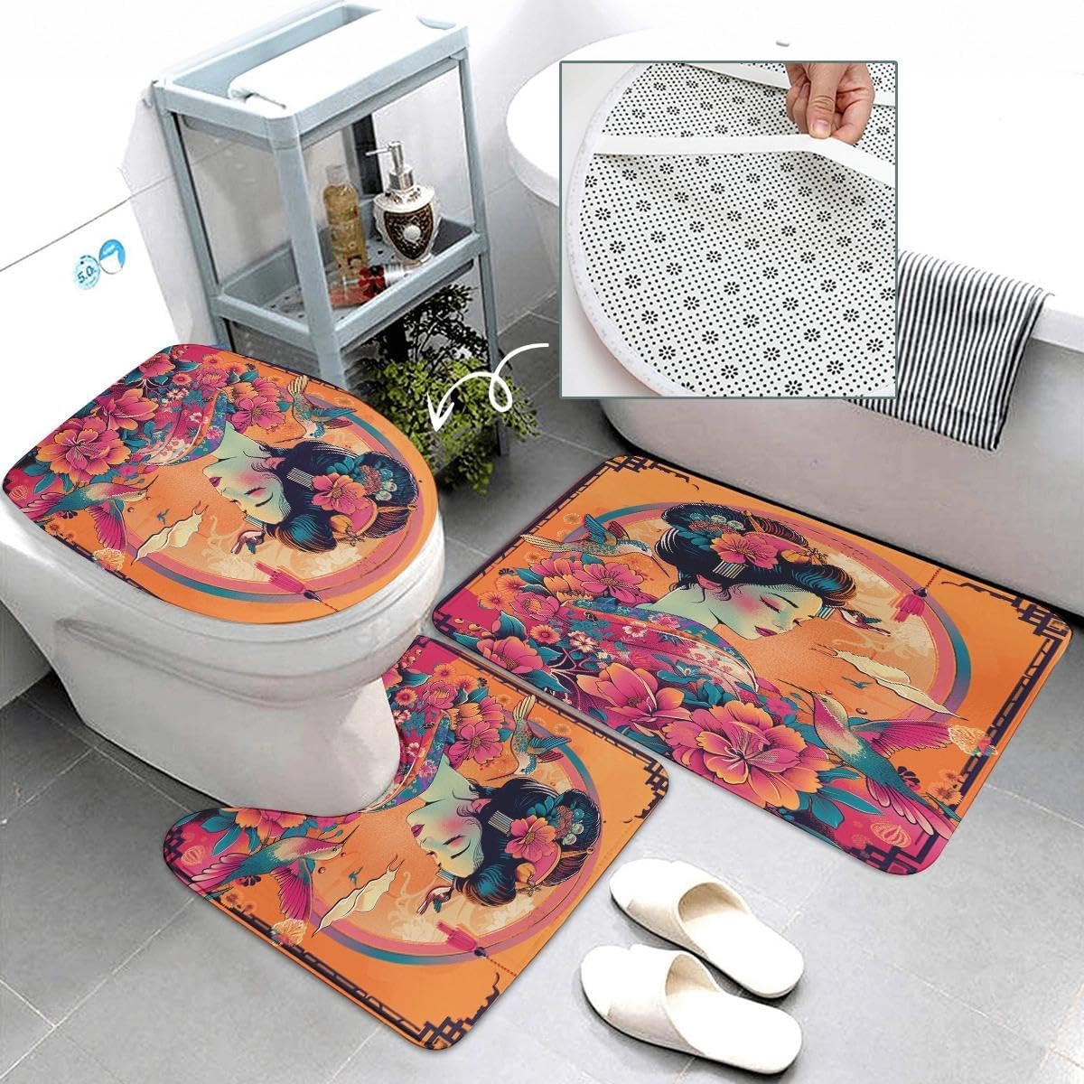 Japanese Geisha Bathroom Set, 4-Piece with Shower Curtain 71x71, Bath Mat, Contour Rug, Toilet Lid Cover, Orange Floral Design