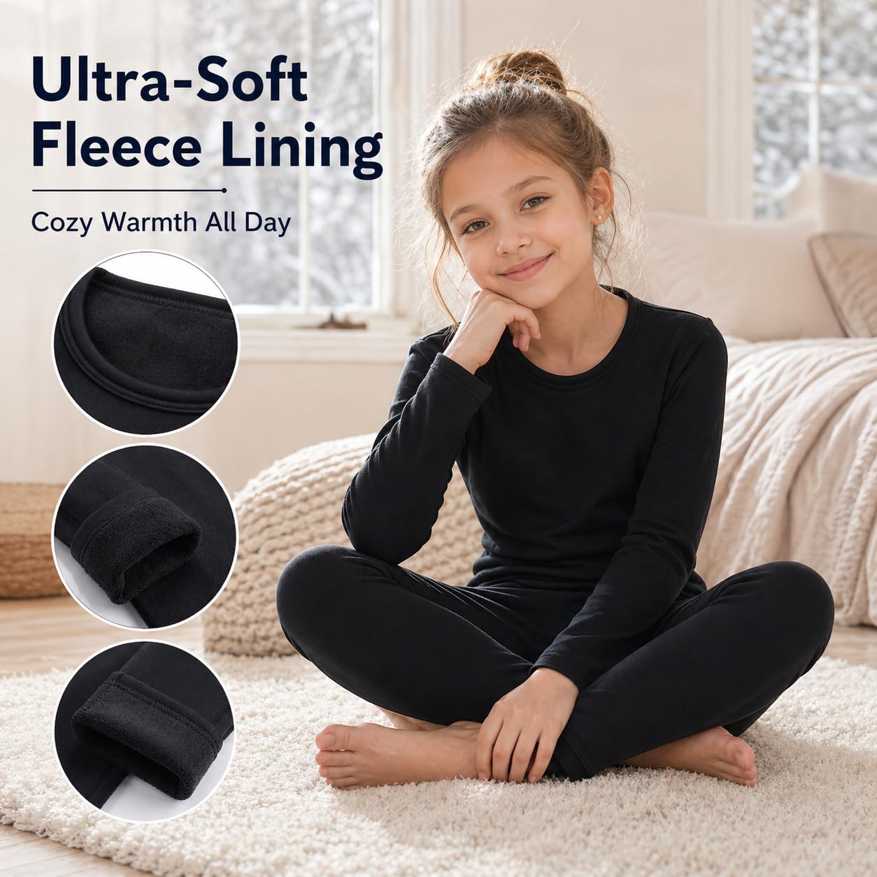 Conjunto de Ropa Interior Térmica para Niña Camiseta y Pantalón con Forro Polar, Pijama Cálido de Invierno, Capa Base Elástica Infantil (Negro, L)