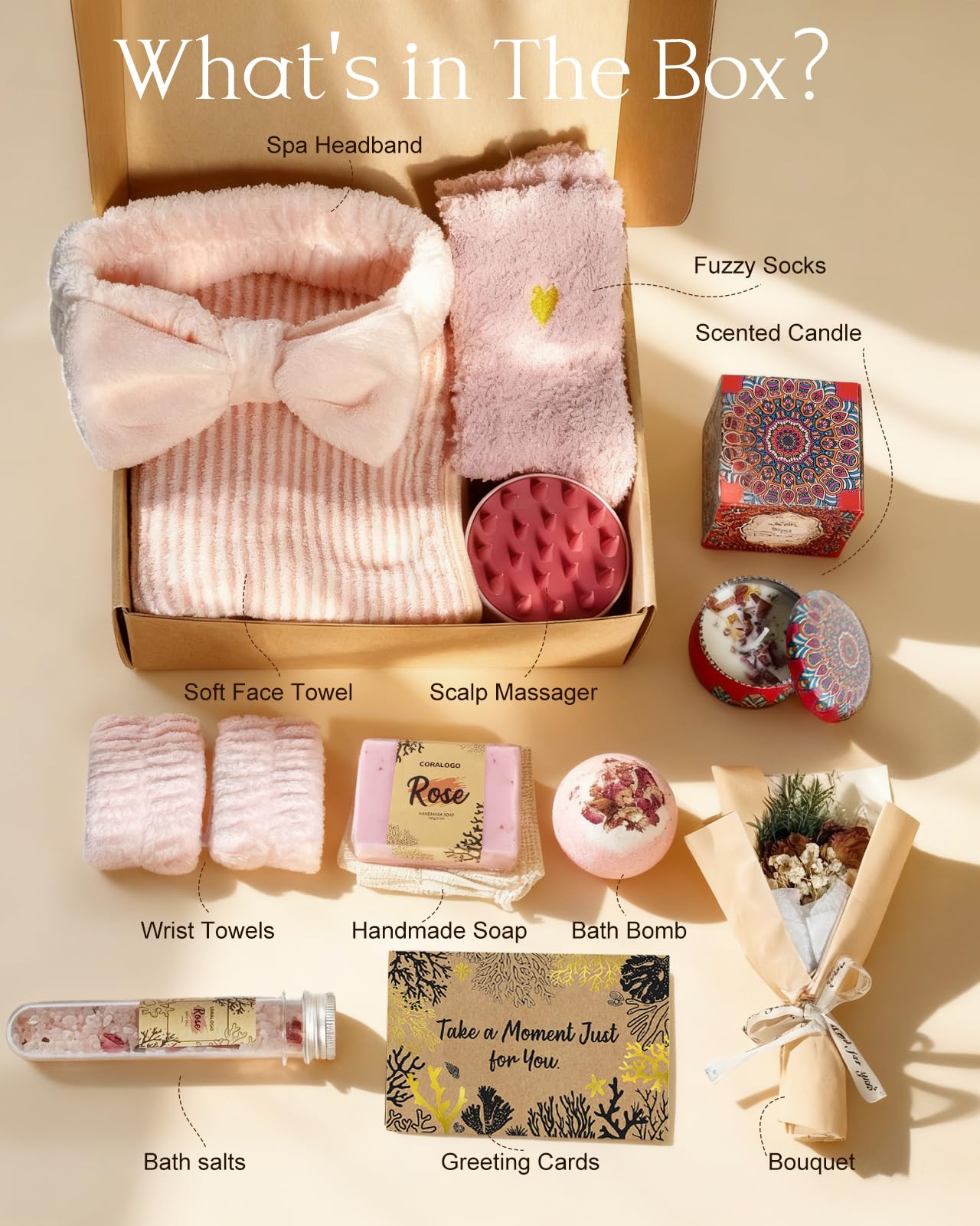 Coralogo  Spa Gift Baskets - Natural Pampering Spa Set, Self-Care Get Well Soon Basket,Thank You Gifts, Unique 11pcs Gift Set for Women Wife Mom Her Birthday Valentines Day Mothers Day: Rose
