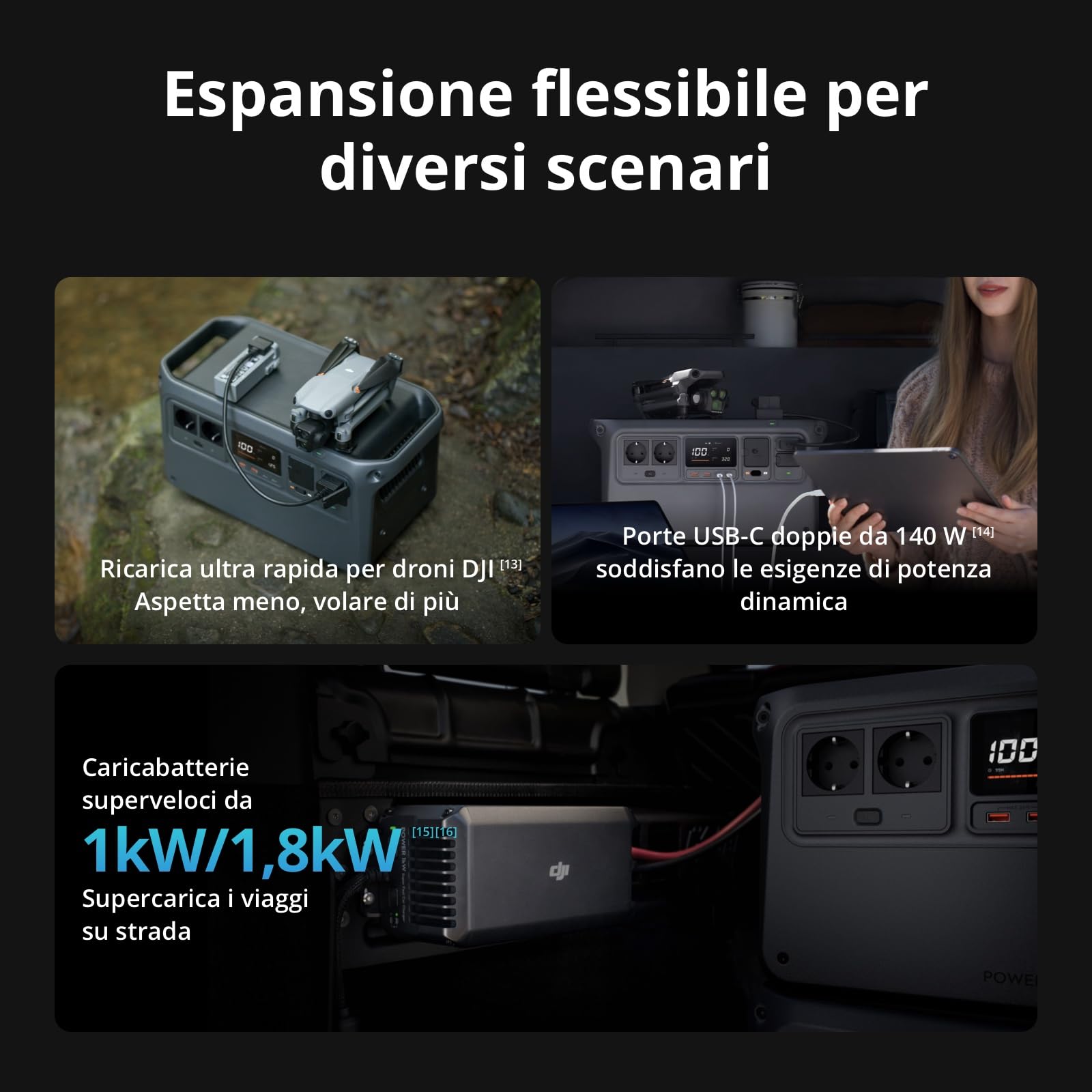 DJI Power 1000 V2 Power Station portatile 1024Wh, 2600 W Power Station Solare, batteria LiFePO4, ricarica rapida in 37 minuti dallo 0% all'80%, generatore elettrico per campeggio (spina inclusa)