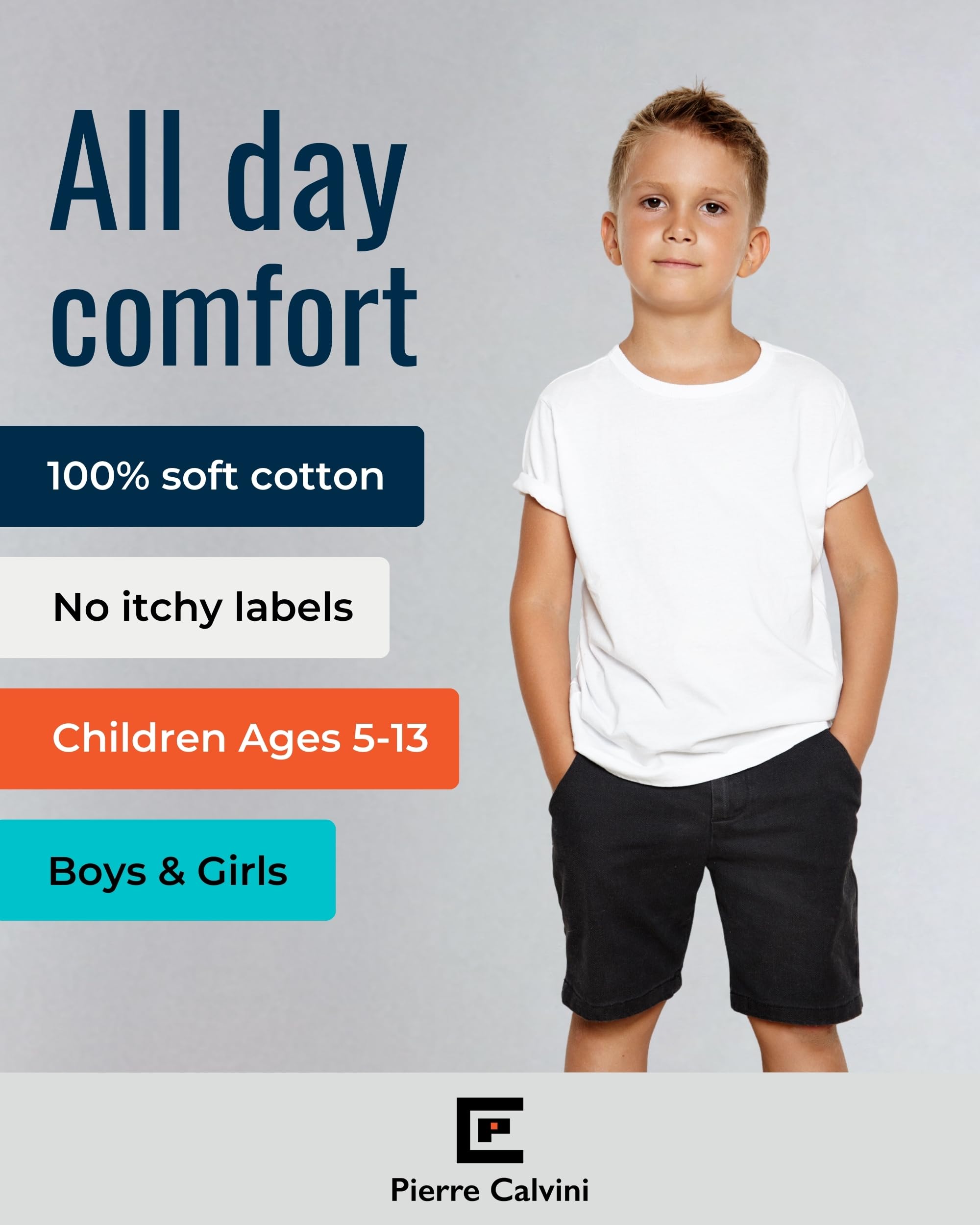 Pierre Calvini Kids White T-Shirts (5 Pack) - 100% Cotton Boys & Girls Plain T Shirt - for School, PE and Everyday - Soft and Comfortable Cotton Tees for Children Ages 5-13