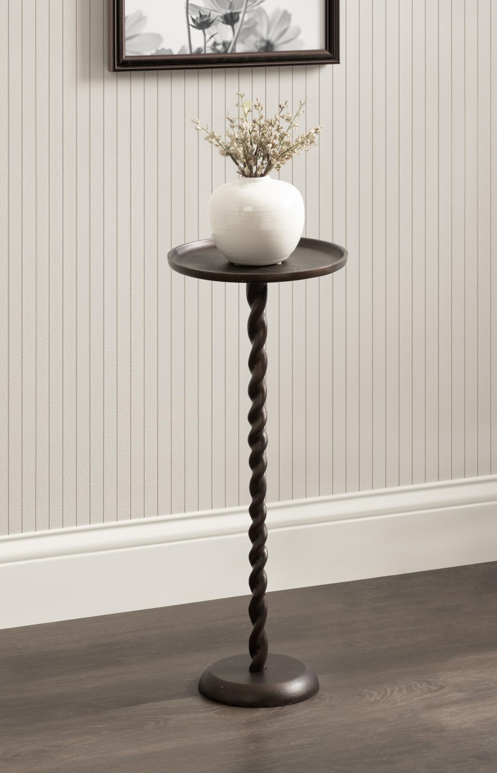 Kate and Laurel Ropa Transitional Round Pedestal Drink Table, 9 x 9 x 22, Bronze, Decorative Cast Aluminum Mini Table with Spiral Rope Design for Use as Indoor Plant Stand or Living Room Accent