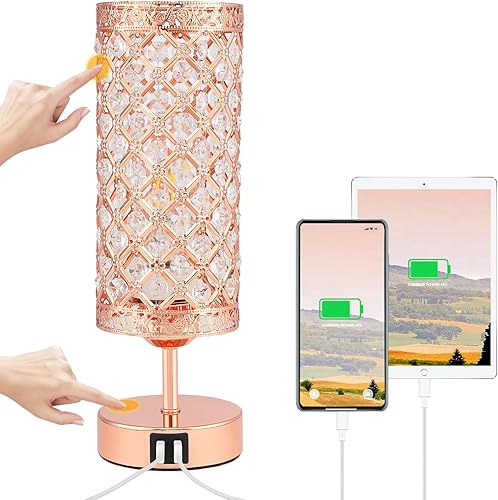 Lámpara de mesa de cristal, lámpara de control táctil de oro rosa con 2 puertos USB, lámpara de noche regulable de 3 vías con pantalla de cristal