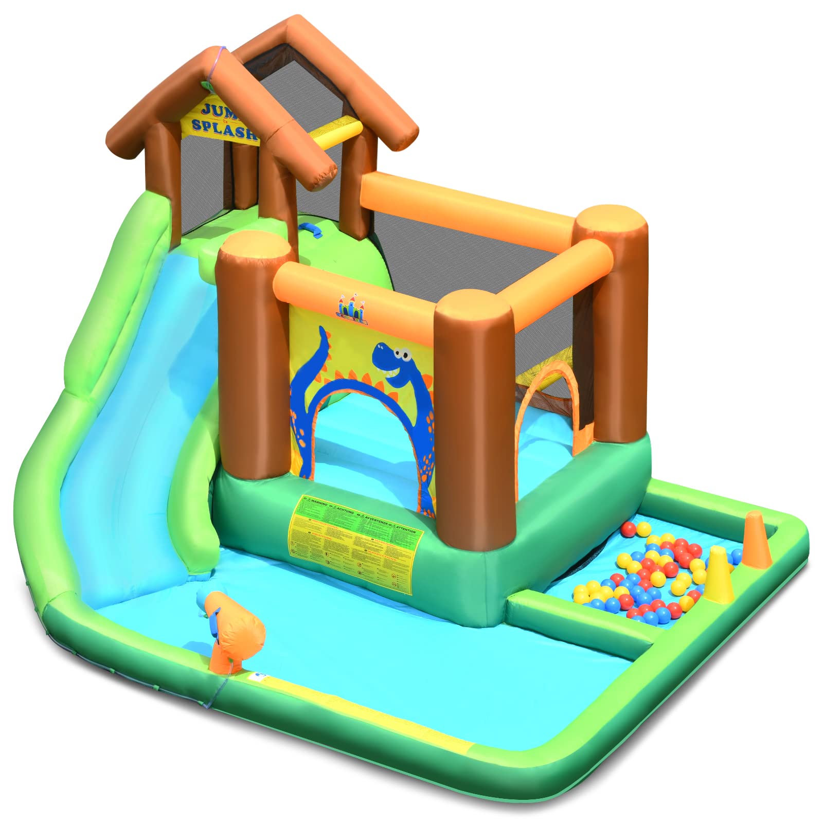 COSTWAY Castello Gonfiabile per Bambini, Parco Acquatico con Scivolo per Bambini, Piscina Trampolino e Palline, con Borsa da Trasporto, per 5 Bambini 3-10 Anni (con Compressore)