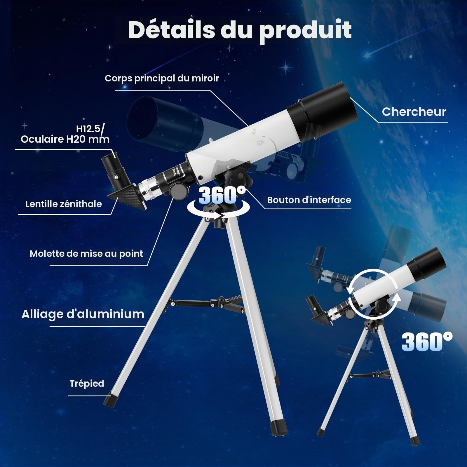 Télescope Enfant Astronomique avec Adaptateur Smartphone pour Astrophotographie Diamètre 50 mm Focale 360 mm Télescope Portable avec Trépied Réglable pour Enfants et Débutants 8-12 Ans