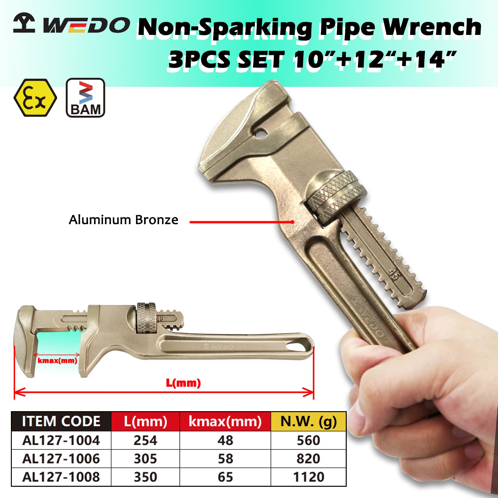WEDO Juego de 3 llaves de tubo recto sin chispas, juego de llaves de fontanero resistentes de 254 mm, 305 mm, 350 mm, bronce de aluminio, resistencia a la corrosión, certificado BAM y FM, llave de