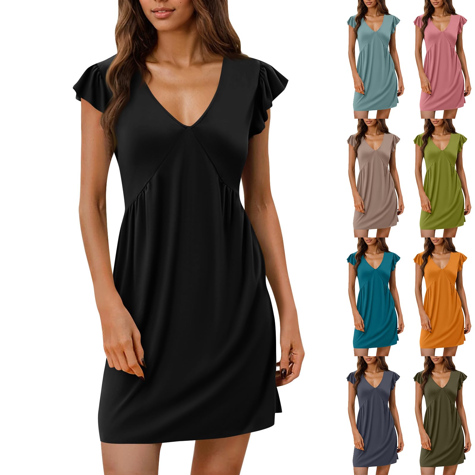 Casual Dresses for Women V Neck Ruffle Sleeve Empire Waist Short Tshirt Dress Flowy Summer Beach Vacation Sun Dresses