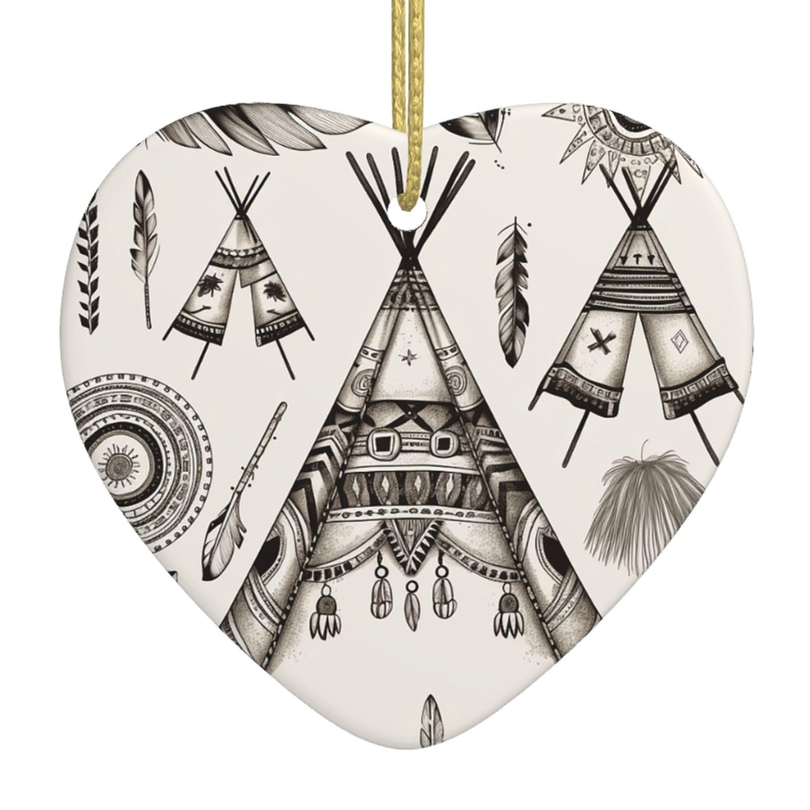 Ceramic Christmas Tree Hanging Ornaments with Gold Ropes Christmas Tree Decorations Heart Ceramic Feather Head Band Teepee Tent Pendant Keepsake Decorations for Holiday Xmas Gift Ideas